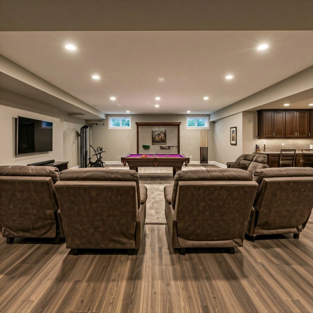 A newly remodeled basement featuring a home theater area, a pool table, a stylish wet bar, and a gym space.